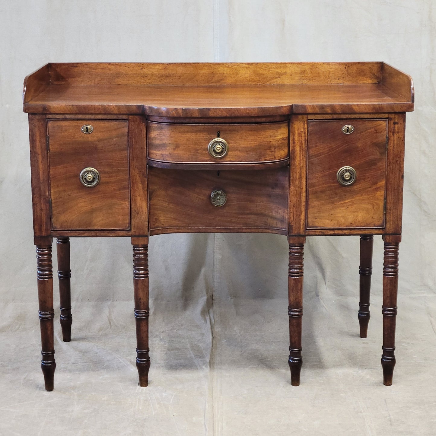 Antique English Mahogany Hepplewhite Style Bowfront Buffet With Brass Pulls