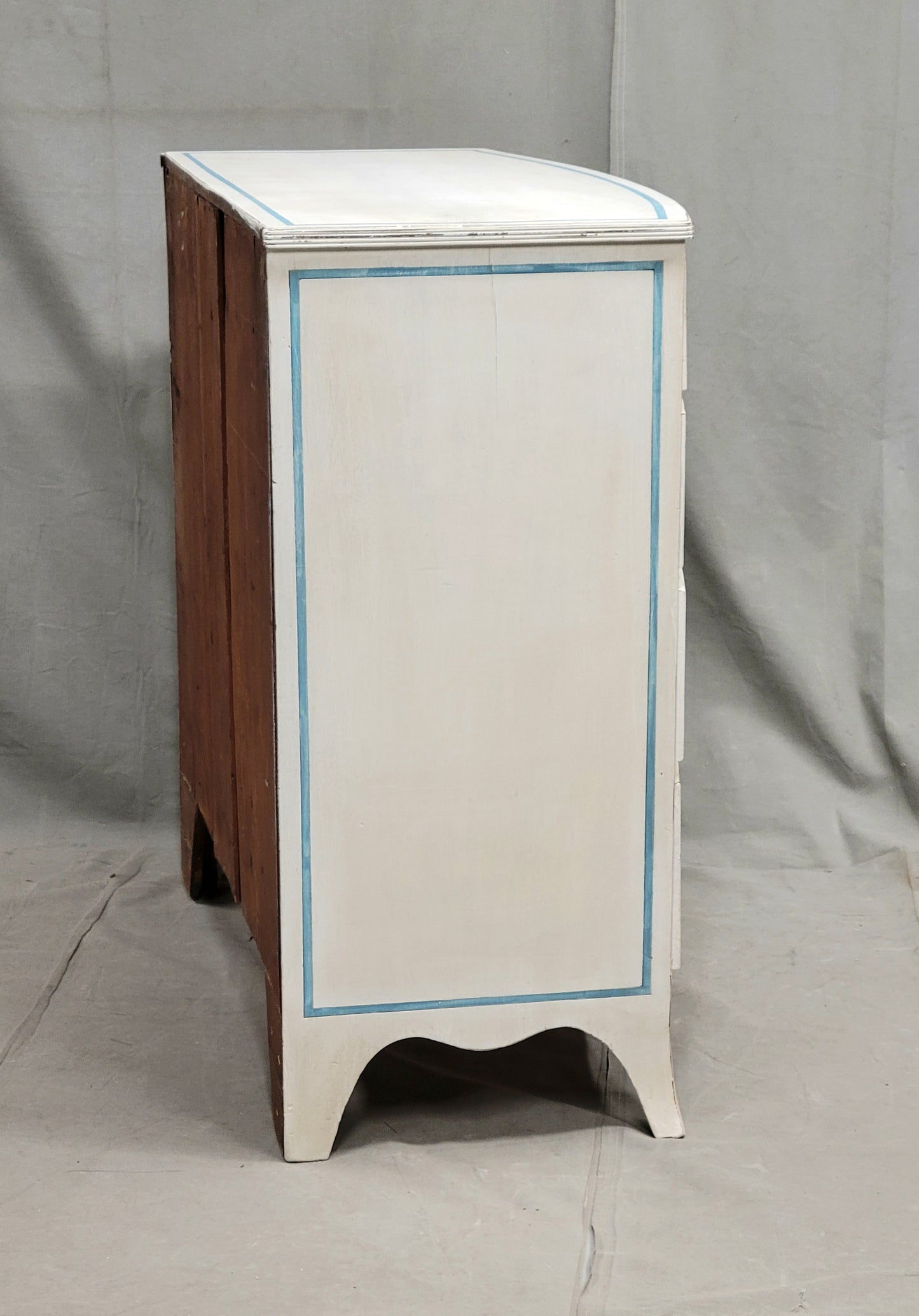 Antique English Painted Mahogany Dresser With Blue French Line Motif