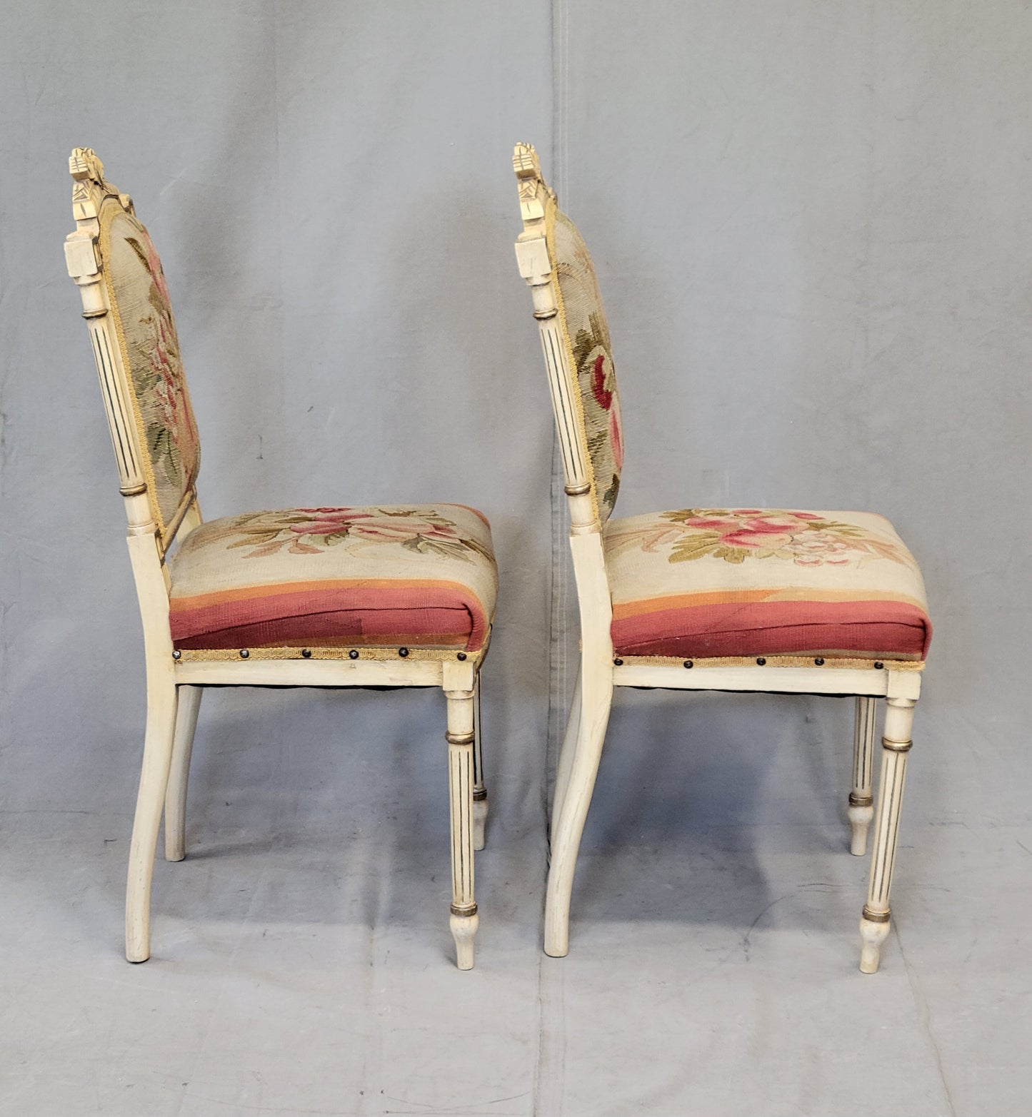 Vintage French Neoclassical Style Chairs With Antique Tapestry Upholstery - a Pair