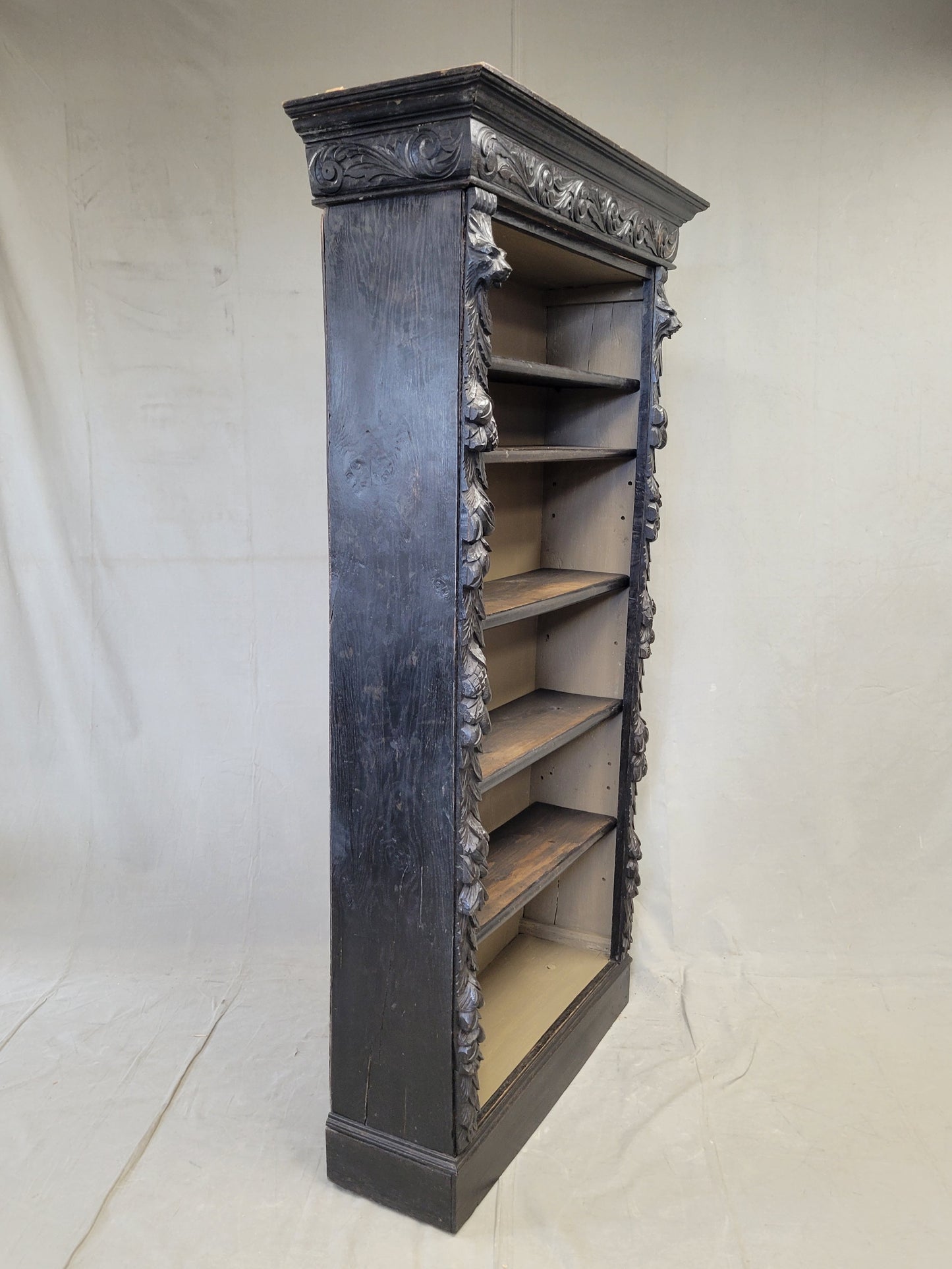 Vintage European Ebonized and Carved Oak Adjustable Shelf Bookcase