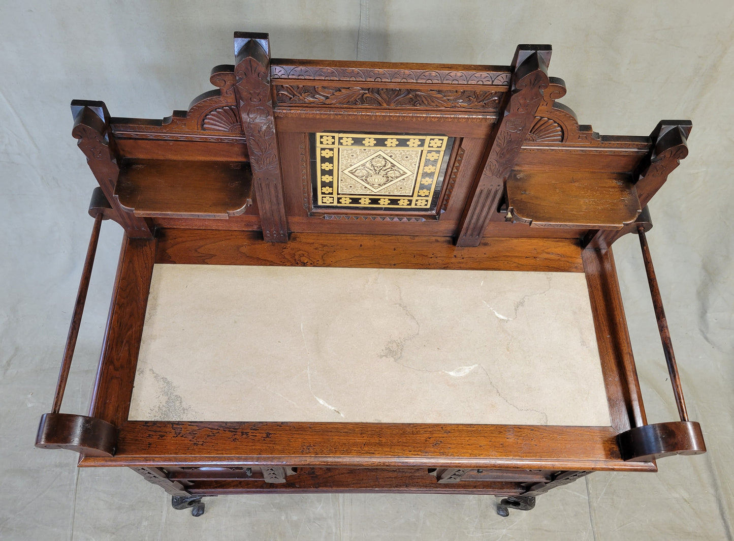 Antique English Aesthetic Movement Walnut, Marble and Minton Tile Sideboard