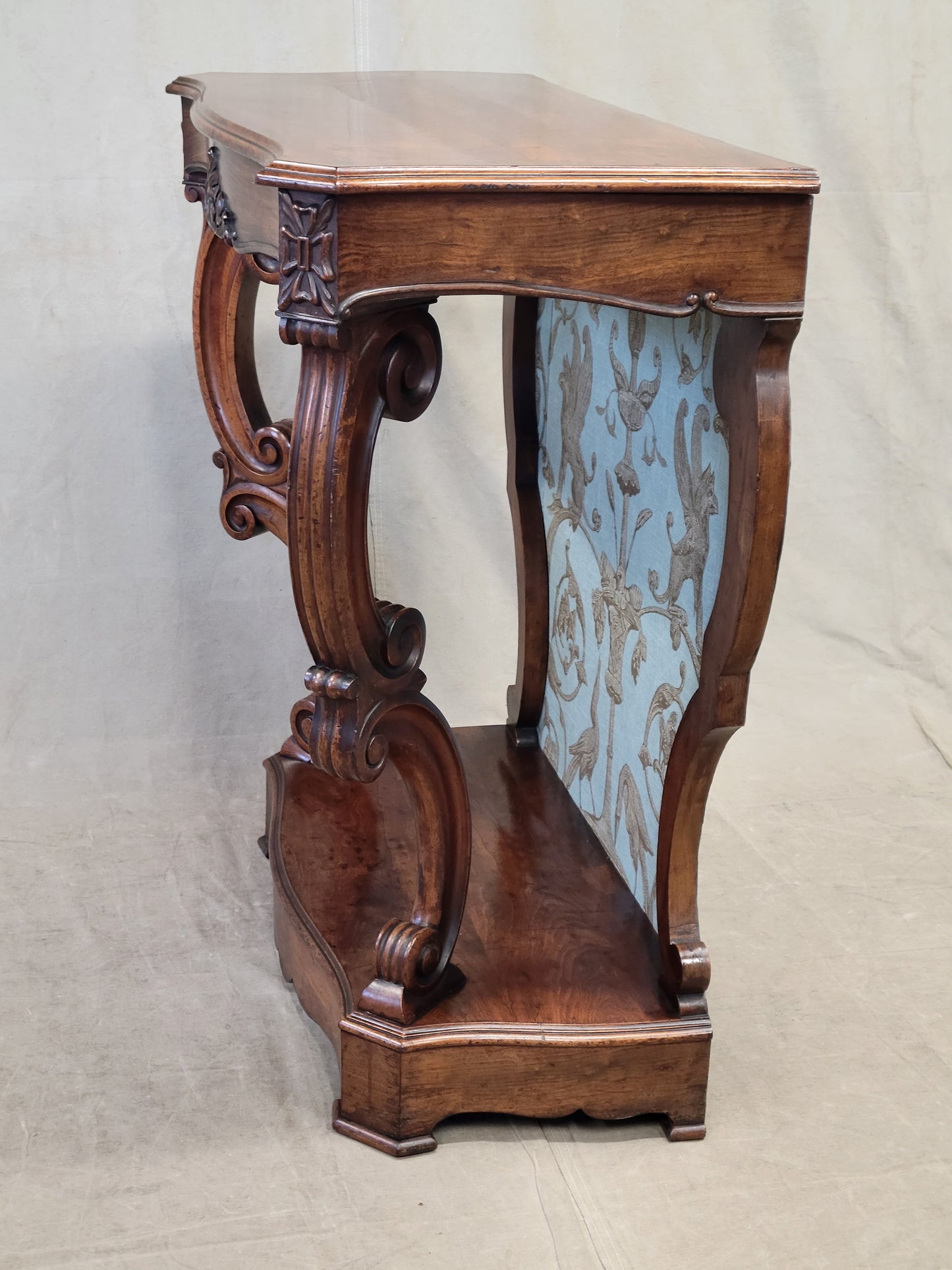 Antique Louis Phillipe Console Table or Server With Thibaut Renaissance Fabric Panel