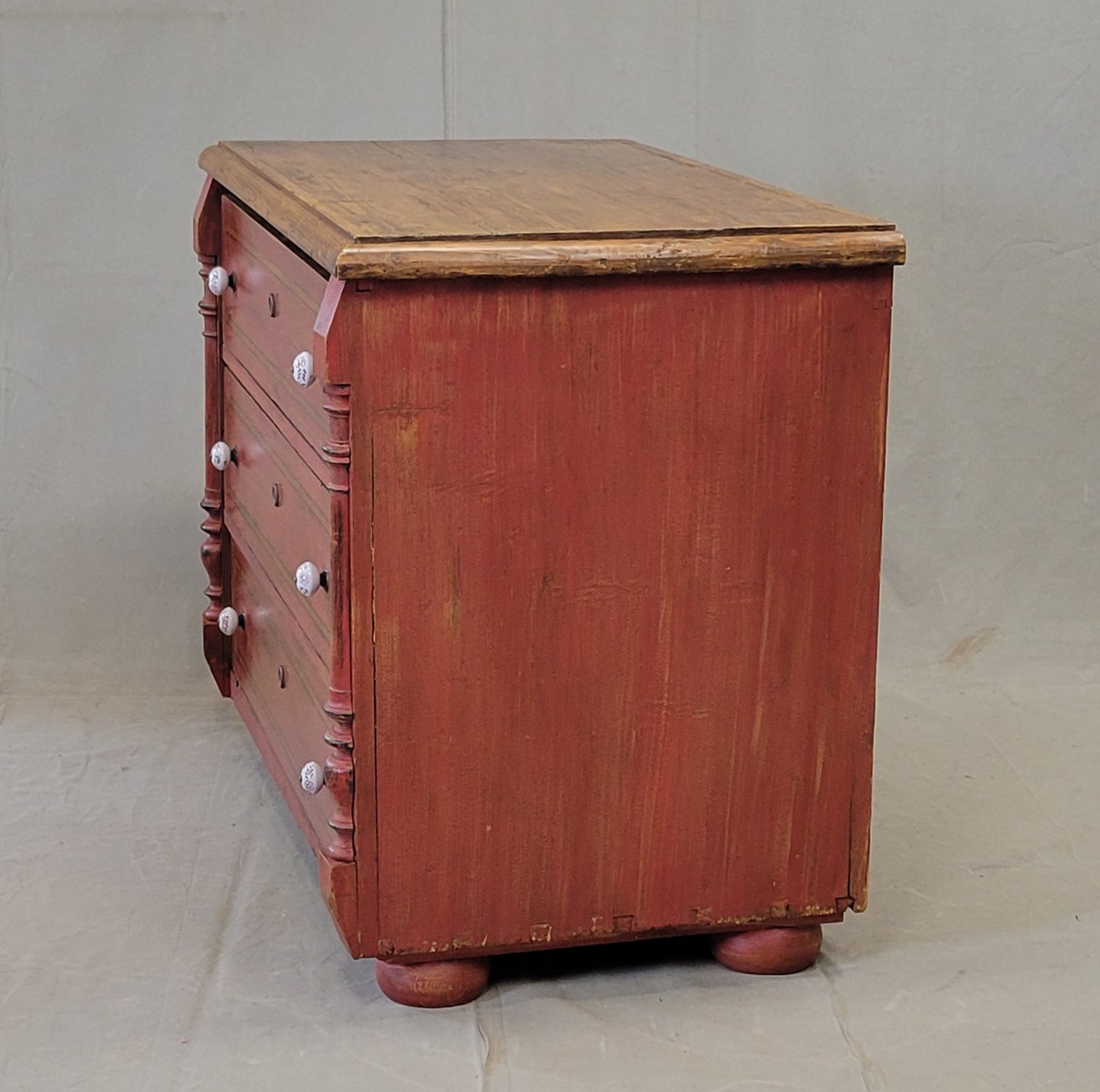 Antique European Pine Dresser With Red Distressed Paint and French Line Motif