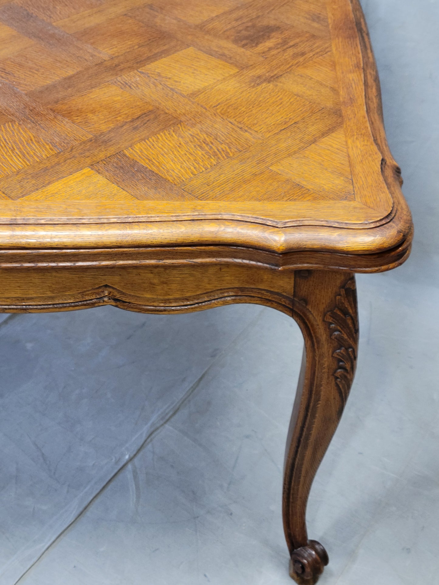 Vintage French Oak Parquet Top Draw Leaf Table