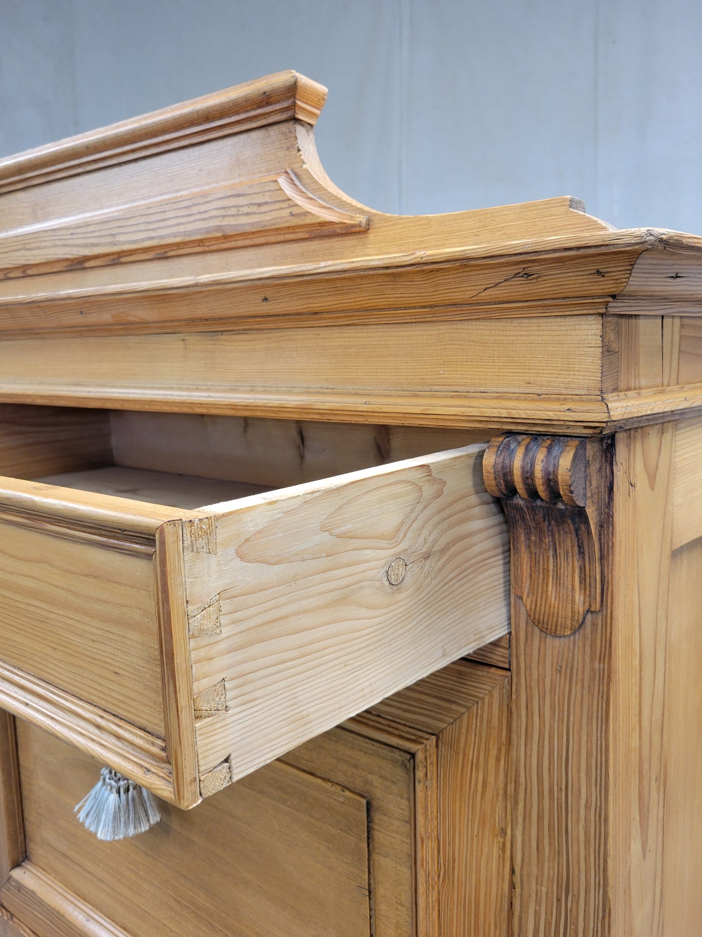 Antique Danish Biedermeier Pine Secretary Desk With Blue Leather