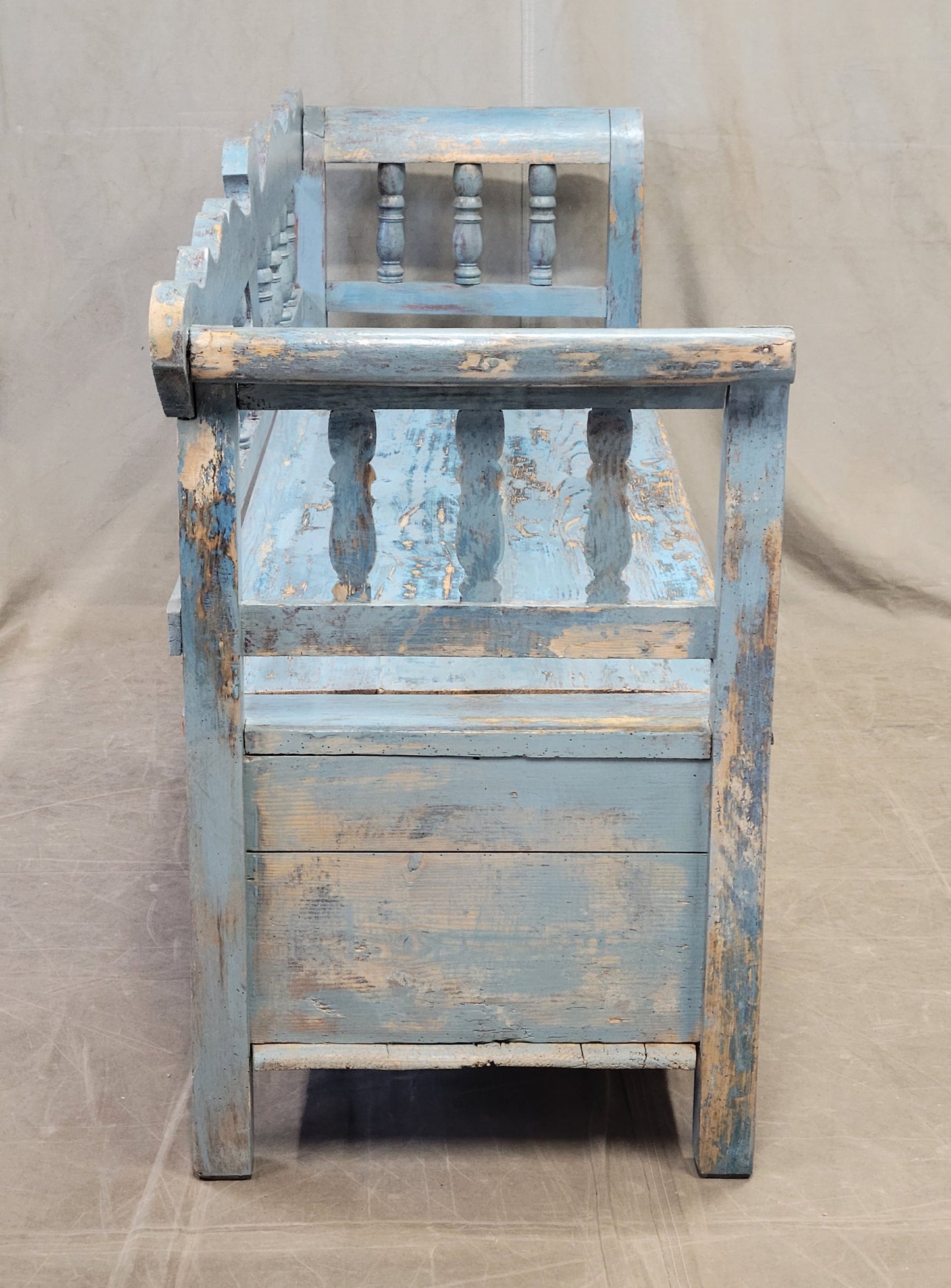 Antique Pine Hungarian Storage Bench With Old Blue Paint