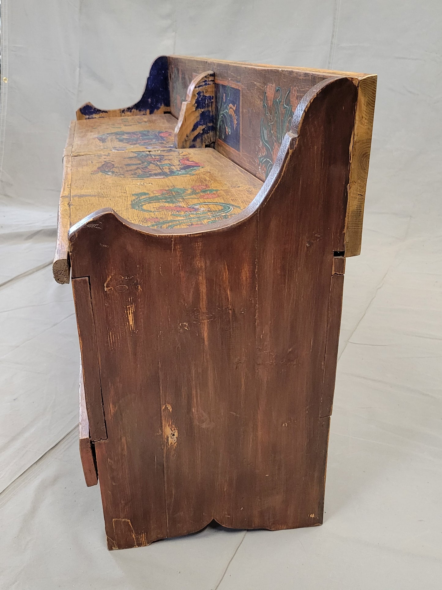Antique Eastern European Hand Painted Pine Long Storage Bench