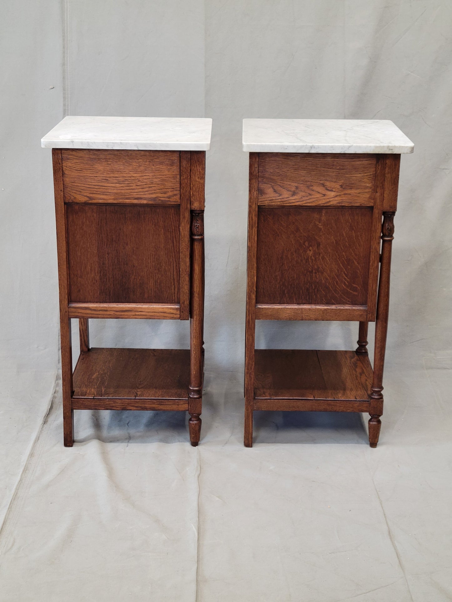 Antique Circa 1900 French Oak Pot Cupboards Nightstands With Carrera Marble Tops- a Pair