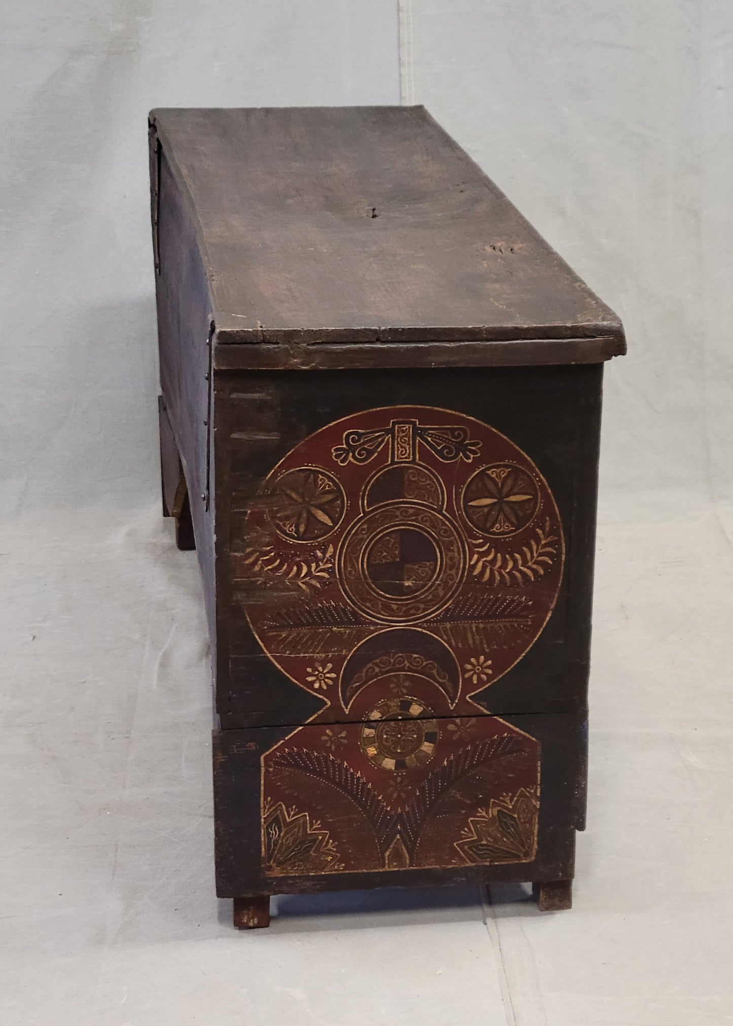 Vintage Berber Moroccan Trunk With Handpainted Arched Designwork, Signed