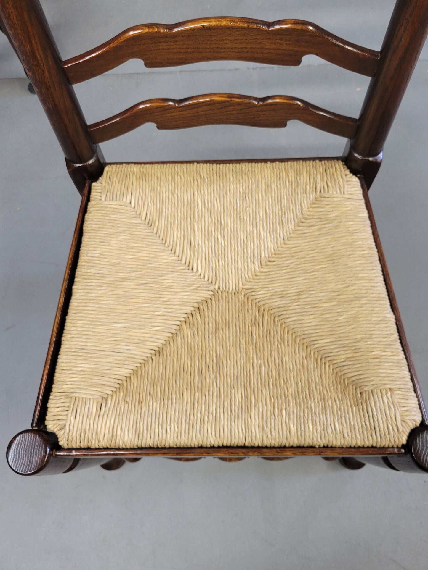Vintage English Oak Ladderback Chairs With Rush Seats - Set of 8