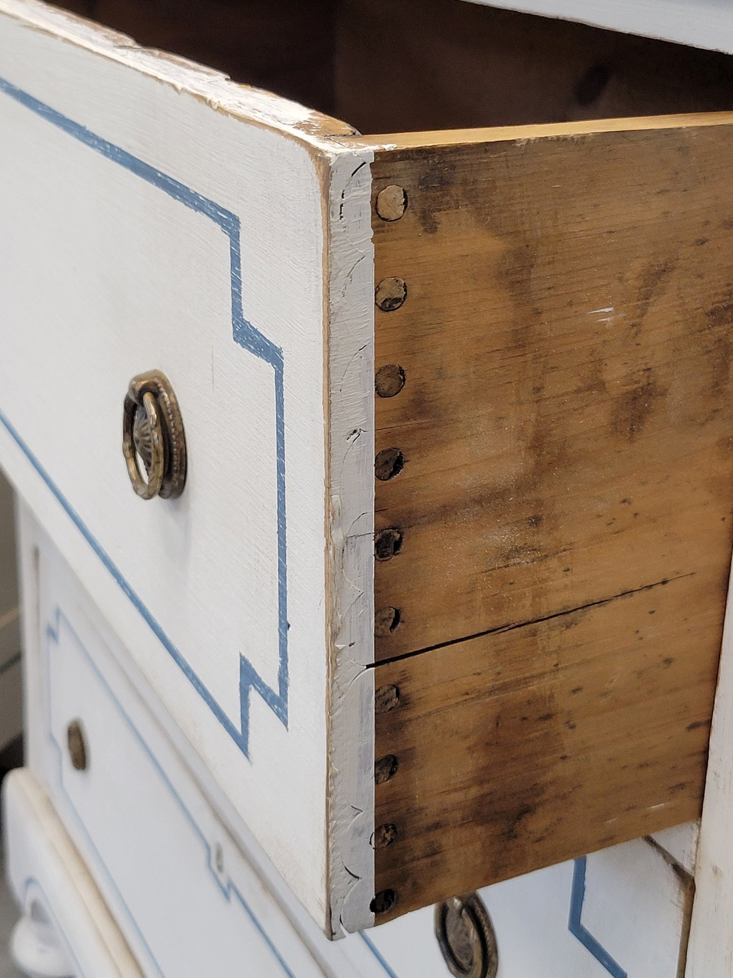 Pair of Antique 19th Century Pine Painted White Dressers With Blue French Line Motif