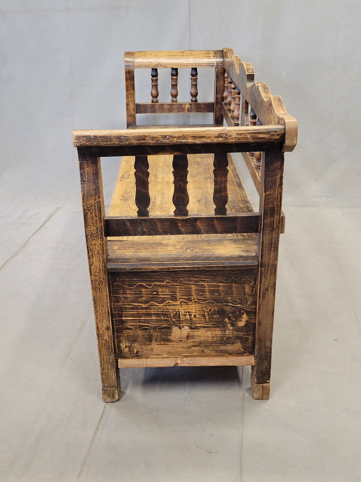 Antique 1926 Pine Eastern European Storage Bench with Original Paint