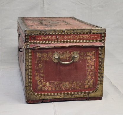 Antique Red Leather, Brass and Camphor Wood Chinese Export Trunk