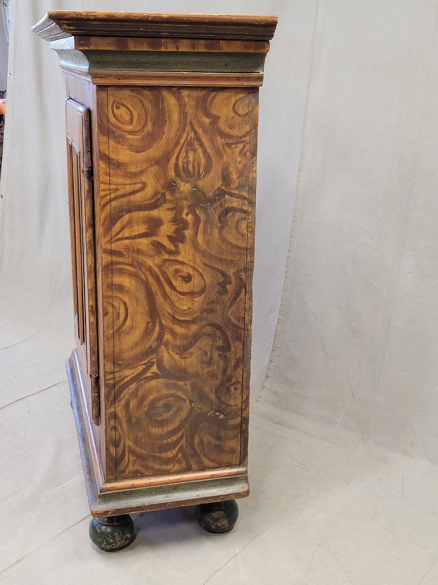Antique 19th Century Austrian Pine Cupboard With Original Faux Bois Paint and Floral Accents