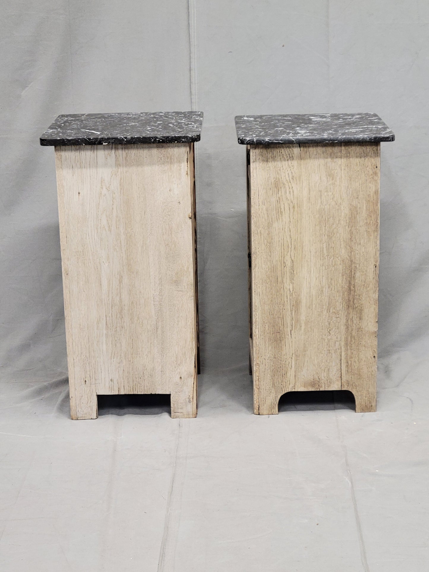 Antique English Bleached Oak Nightstands With Black Marble Tops - a Near Pair