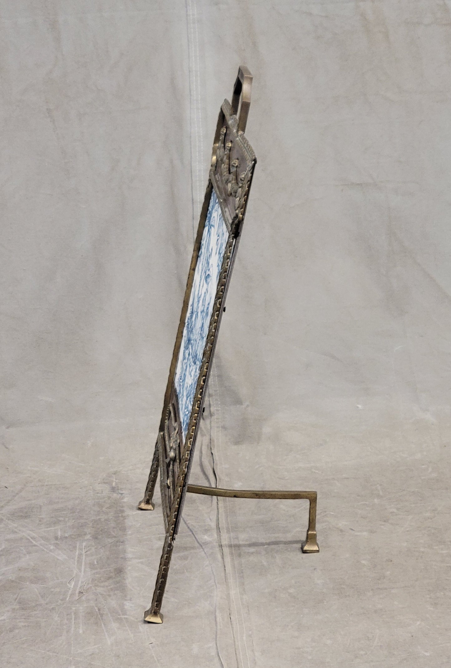 Antique 1920s Copper and Brass Firescreen With Schumacher Blue and White Asian Toile Inset