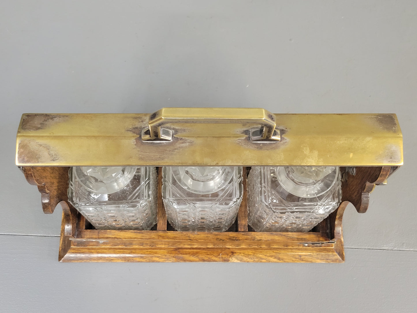 Antique Circa 1900 English Three Bottle Cut Crystal and Oak Tantalus