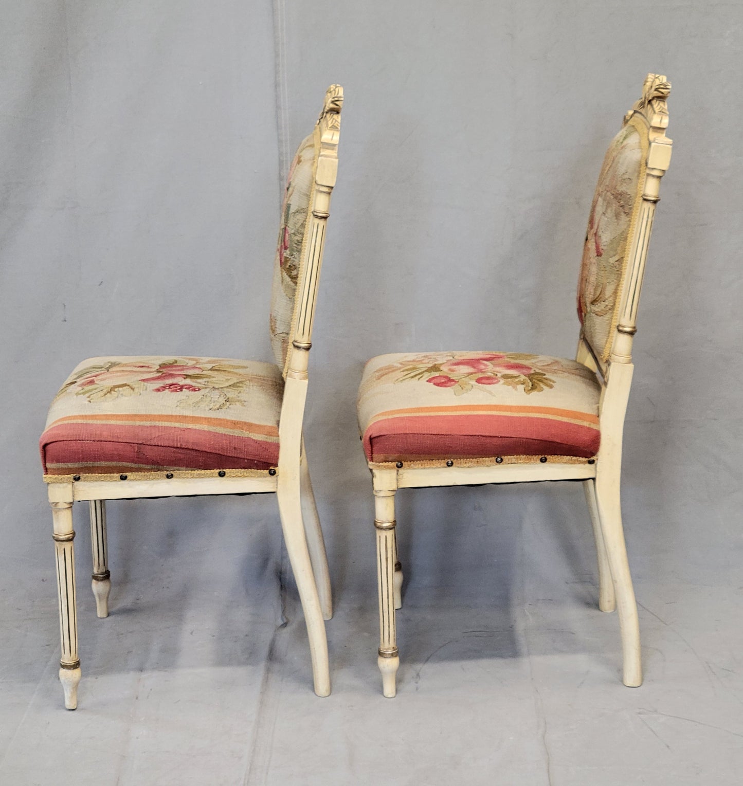 Vintage French Neoclassical Style Chairs With Antique Tapestry Upholstery - a Pair