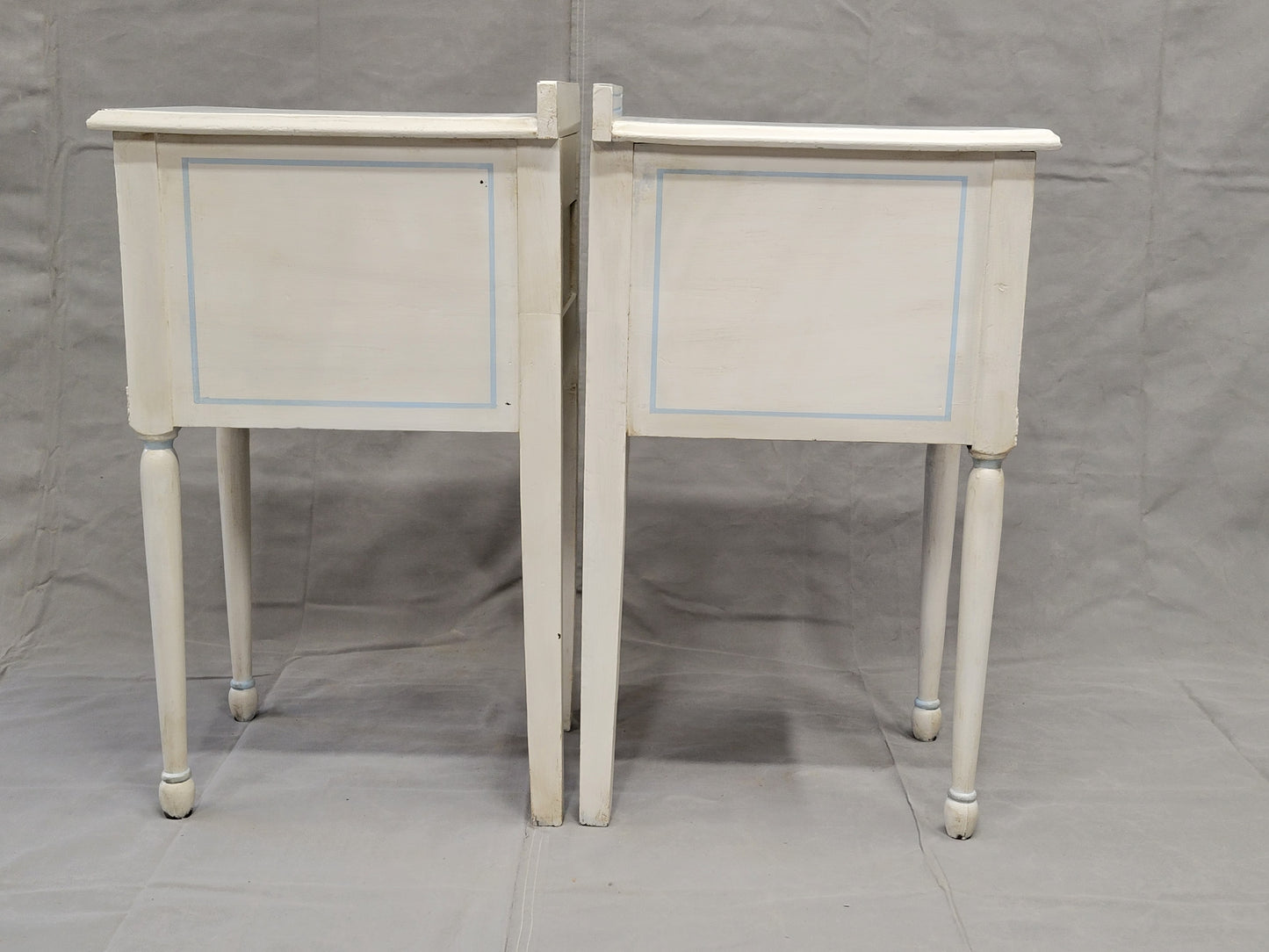 Vintage White Nightstands With Blue Striping - a Pair