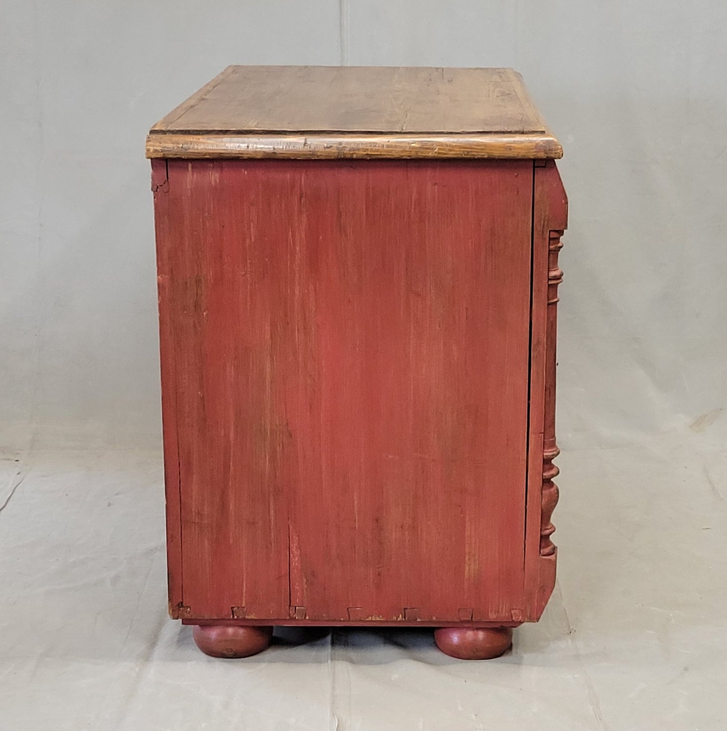 Antique European Pine Dresser With Red Distressed Paint and French Line Motif