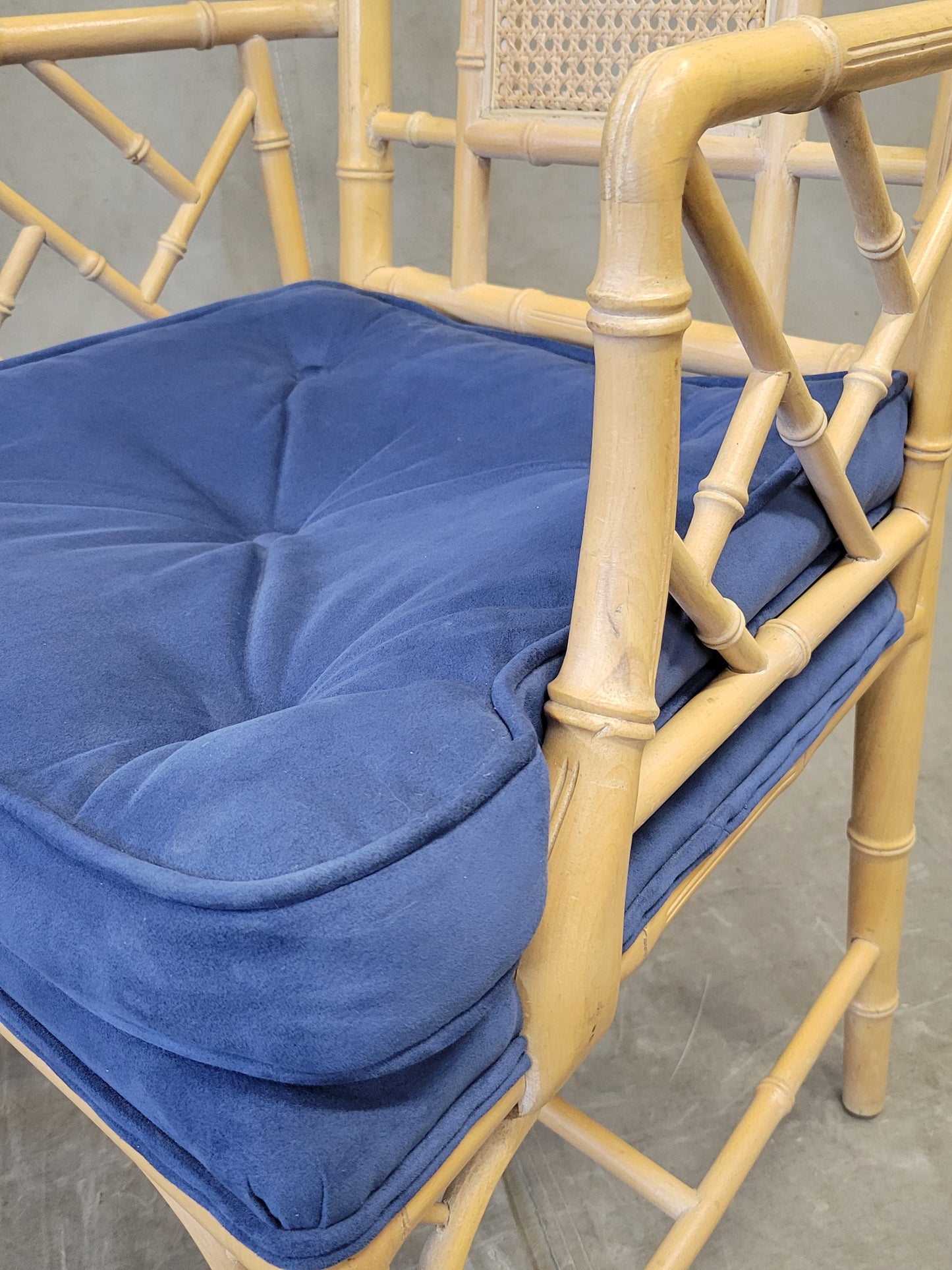 Vintage Faux Bamboo Chairs With Blue Cushions - a Pair