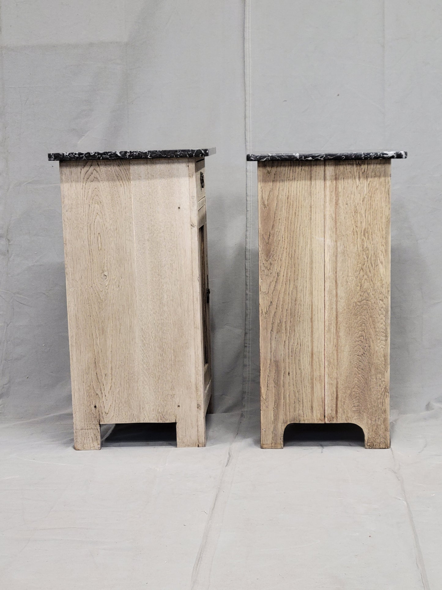 Antique English Bleached Oak Nightstands With Black Marble Tops - a Near Pair