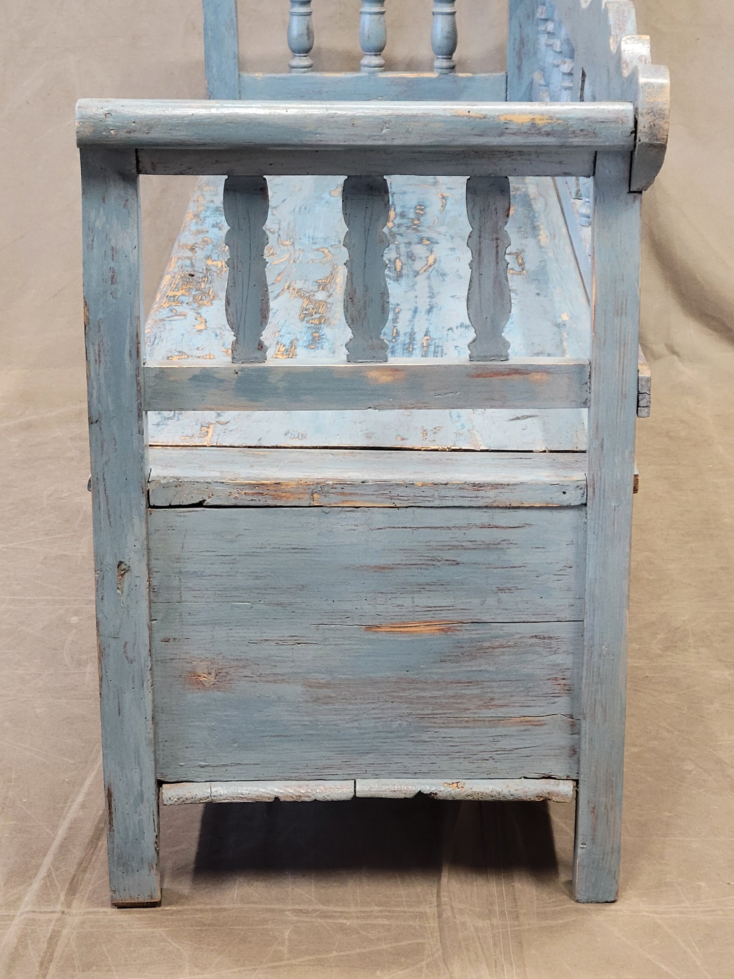 Antique Pine Hungarian Storage Bench With Old Blue Paint