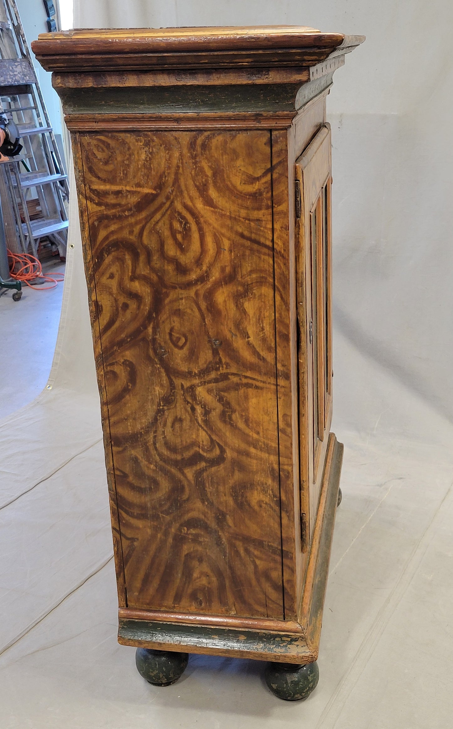 Antique 19th Century Austrian Pine Cupboard With Original Faux Bois Paint and Floral Accents