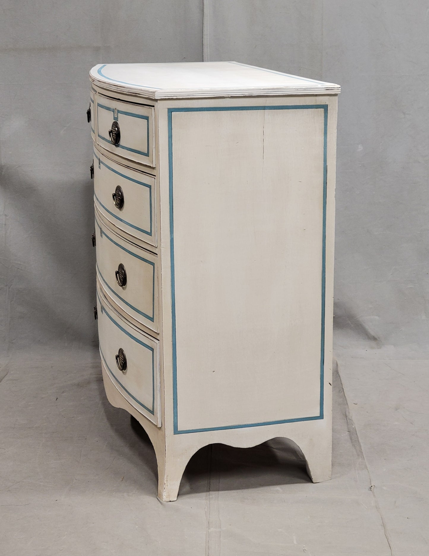 Antique English Painted Mahogany Dresser With Blue French Line Motif