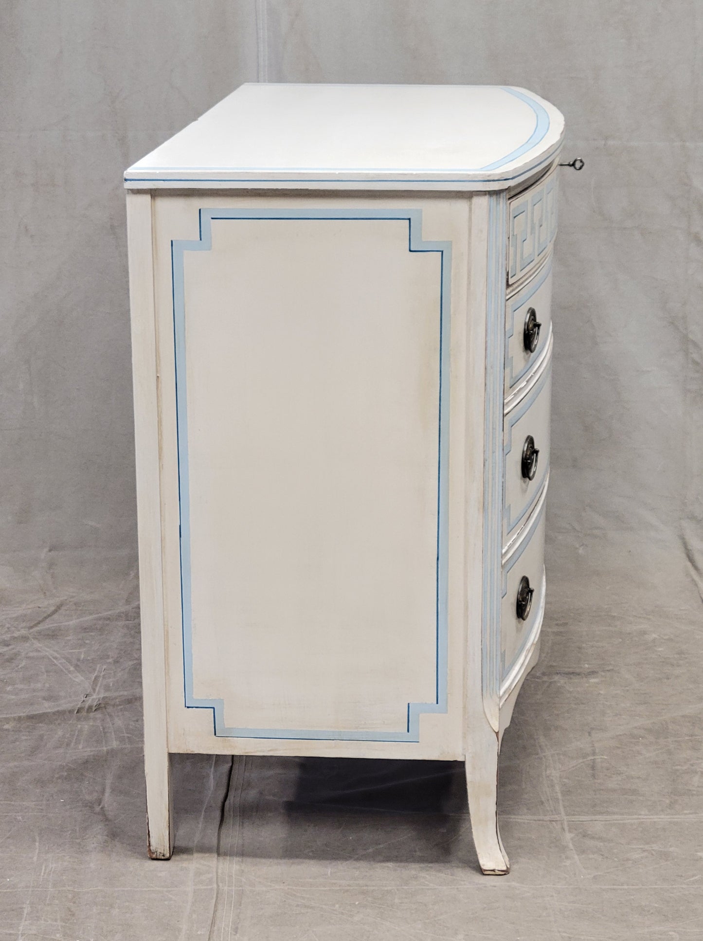 Vintage Painted Blue and White Trompe l'Oeil Bow Front Dresser With Greek Key Motif