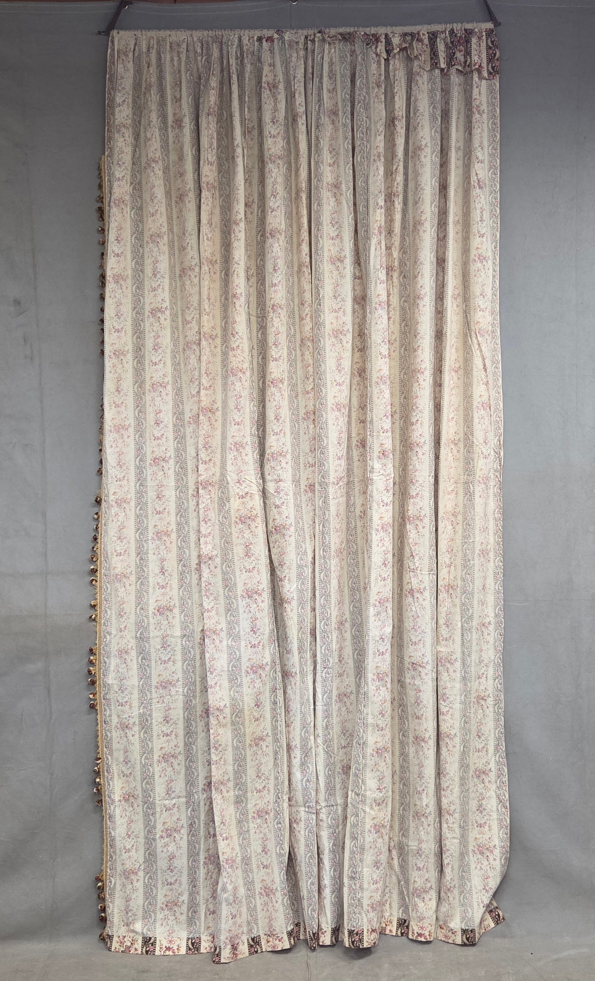 Antique 1920s French Cotton Curtain Panel, Pink and Brown Stripe With Florals