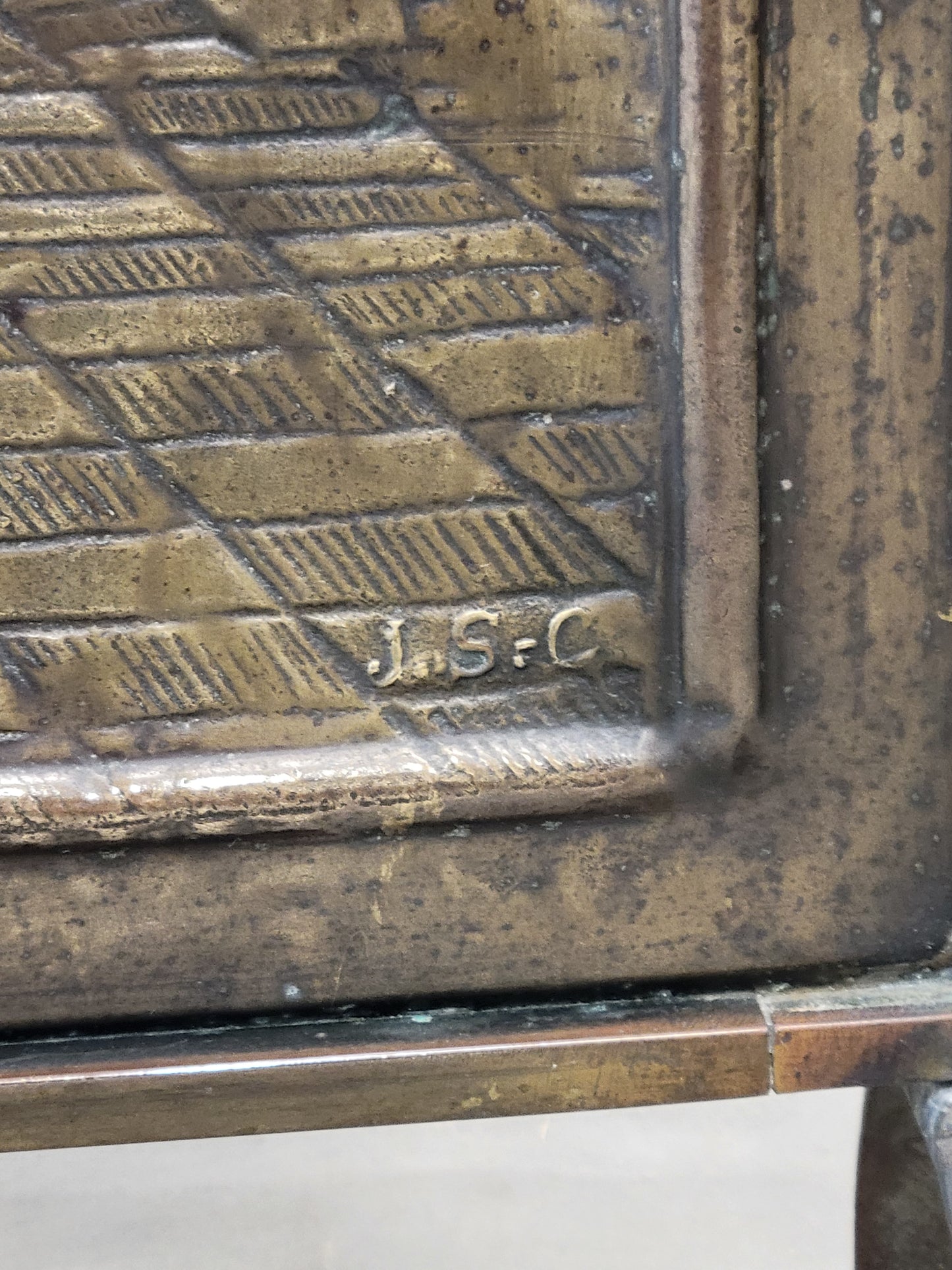Antique French or Belgian Stamped Brass Fireplace Screen of Interior Scene