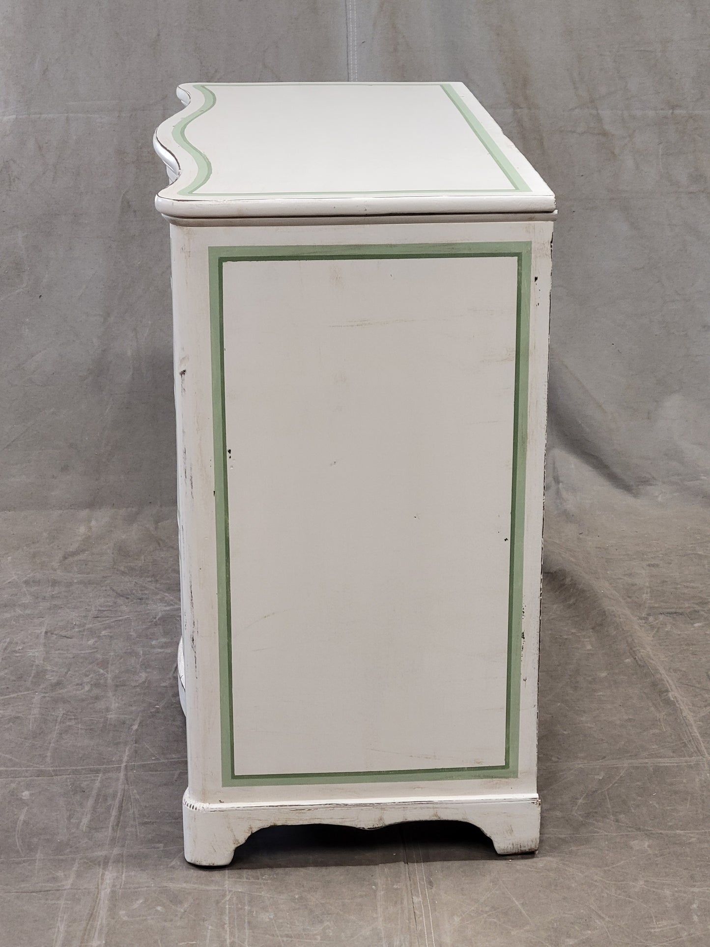 Antique Serpentine Front Dresser Painted White With Green French Line Motif