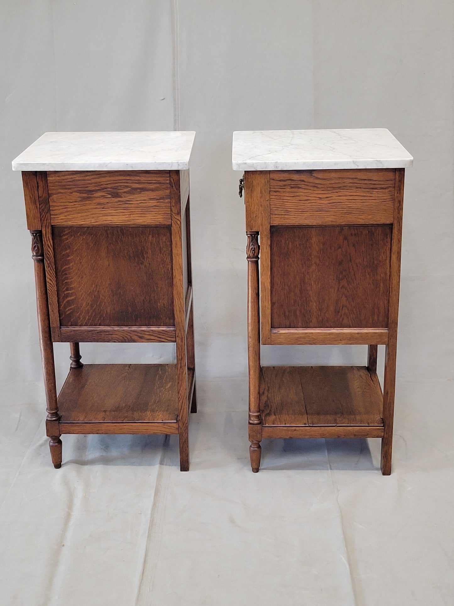 Antique Circa 1900 French Oak Pot Cupboards Nightstands With Carrera Marble Tops- a Pair
