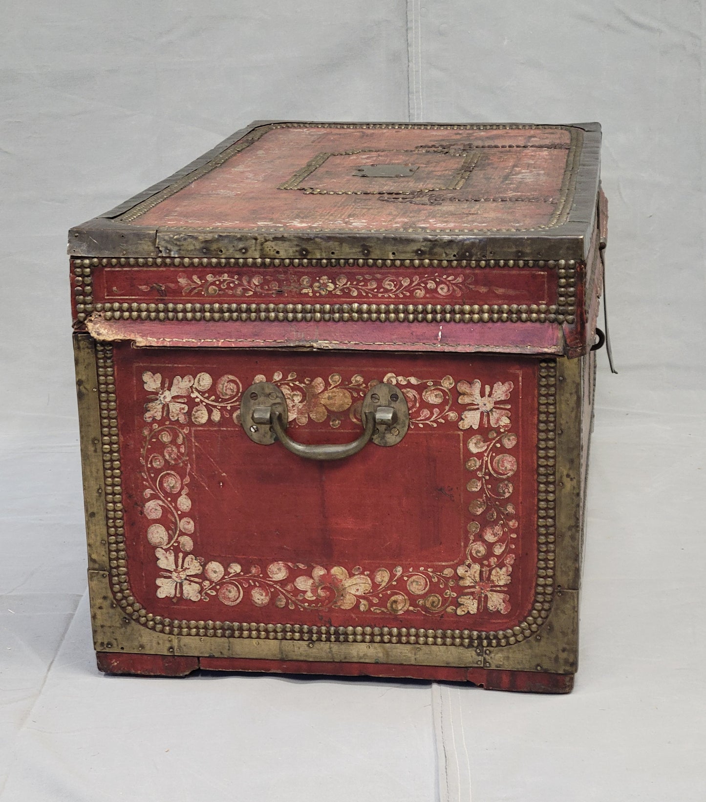 Antique Red Leather, Brass and Camphor Wood Chinese Export Trunk