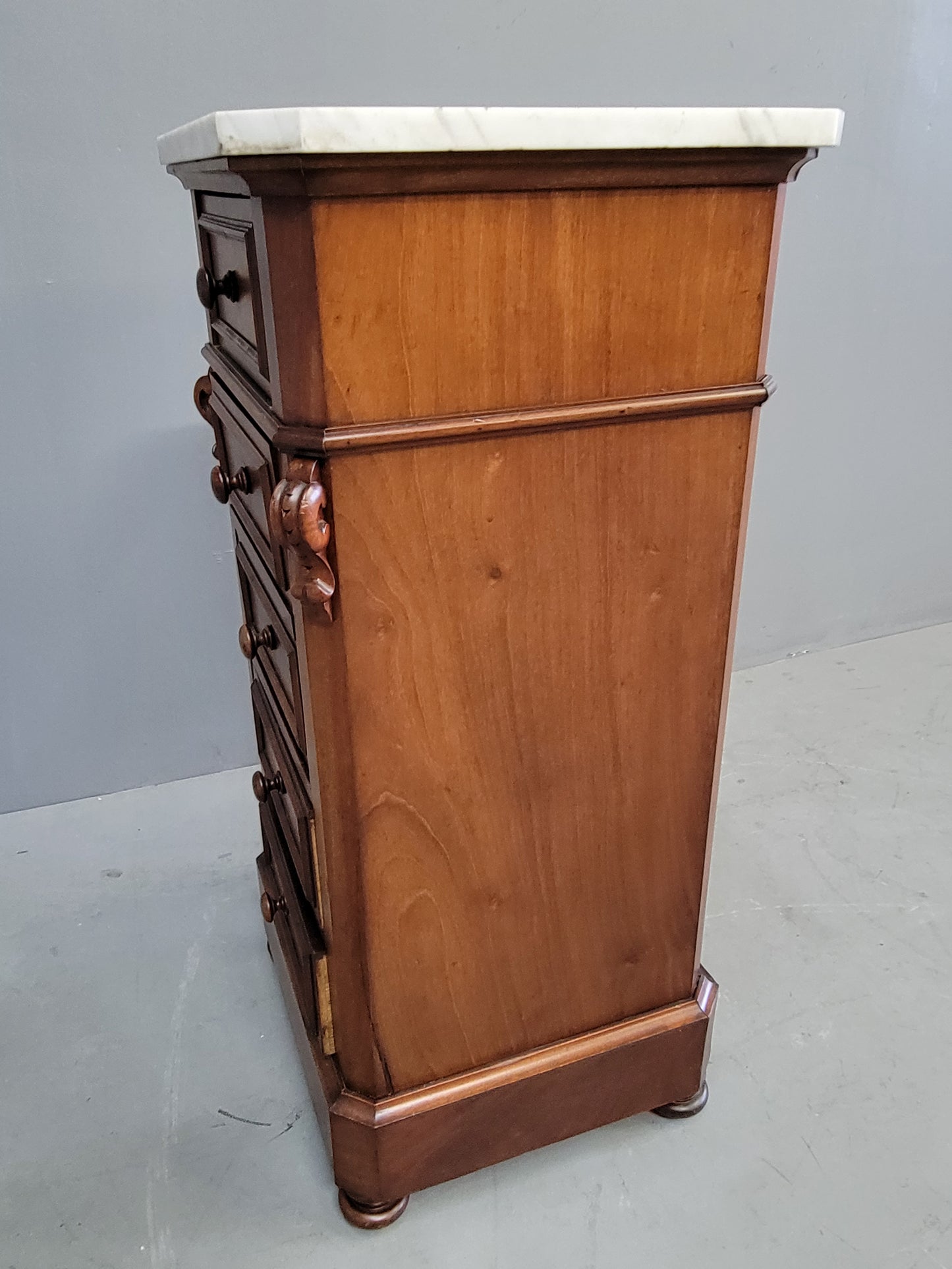 Antique 1860s English Mahogany and Carrera Marble Nightstand/Pot Cupboard With Drawers