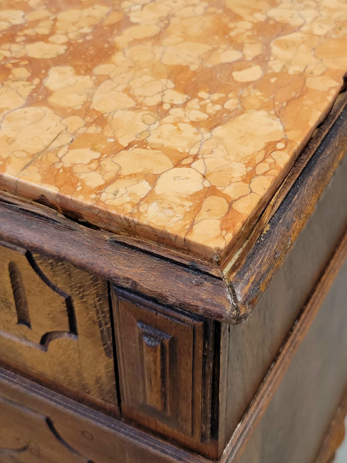 Antique French or Belgian Walnut Nightstands With Italian Marble - A Near Pair