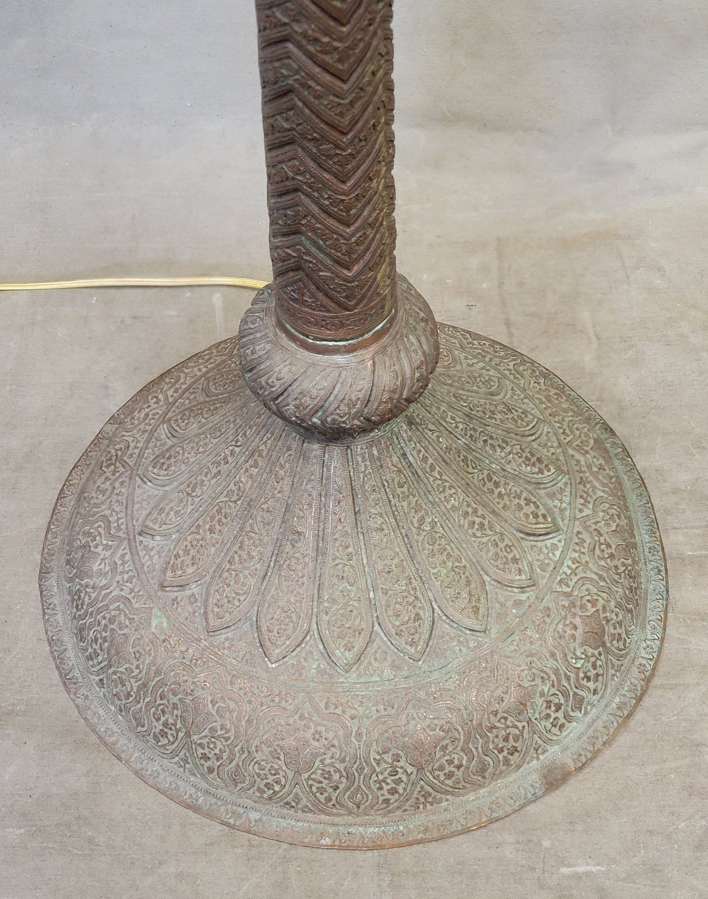 Antique Middle Eastern Moroccan Moorish Incised Copper Floor Lamp Torchiere