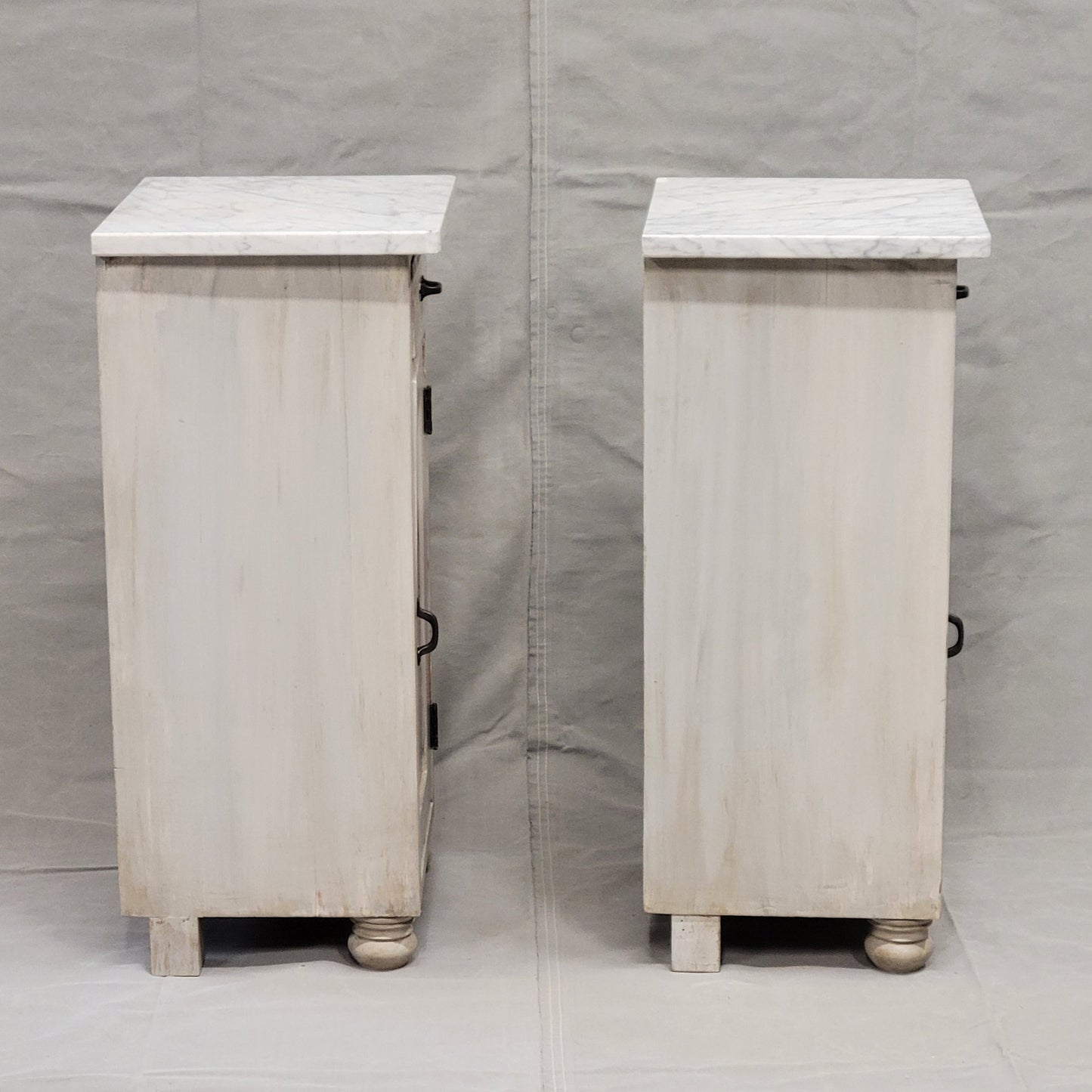 Pair of Vintage Painted Pine Nightstands With Carrera Marble Tops