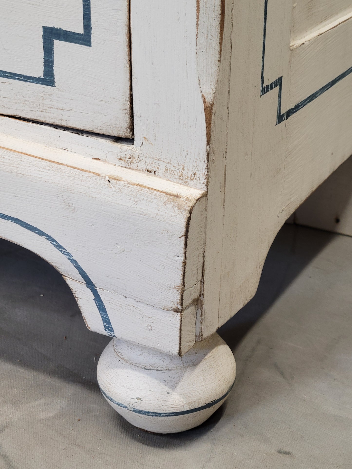 Pair of Antique 19th Century Pine Painted White Dressers With Blue French Line Motif