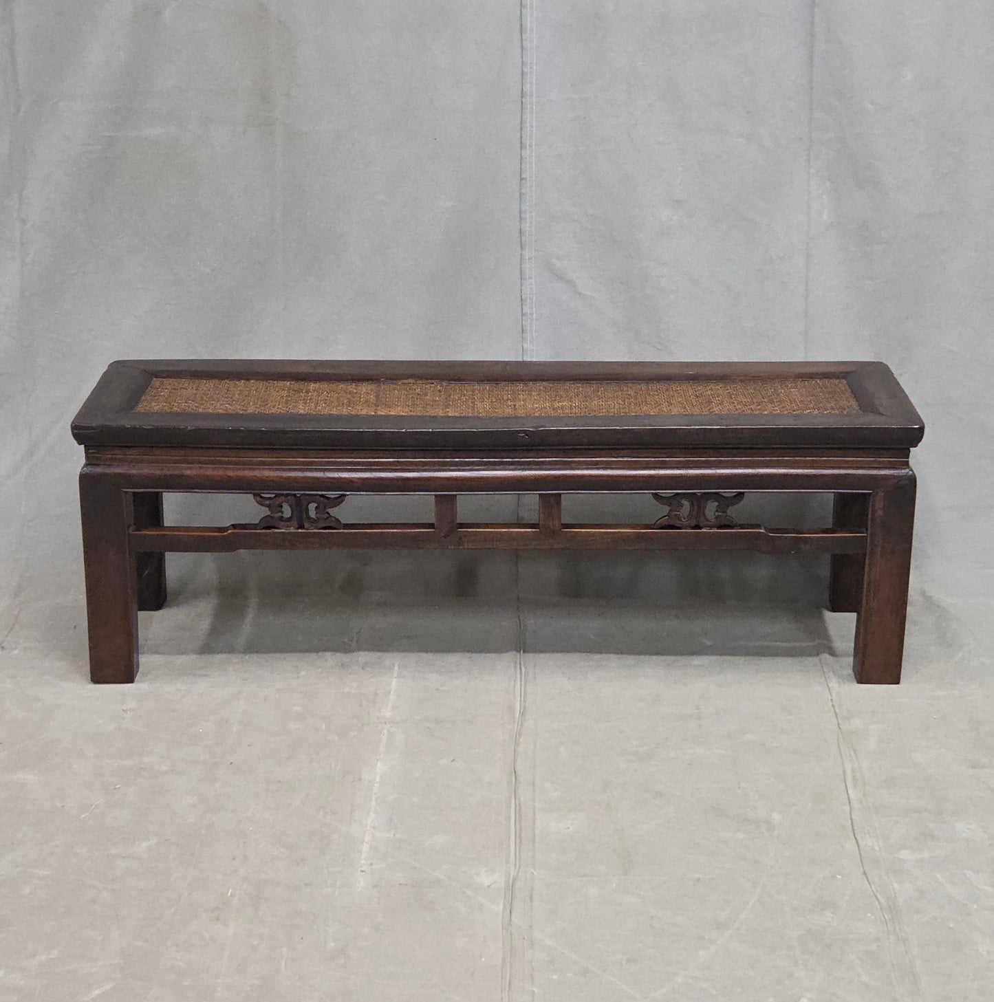Vintage Chinese Elm Bench with Woven Rattan Seat and Hand Carved Accents