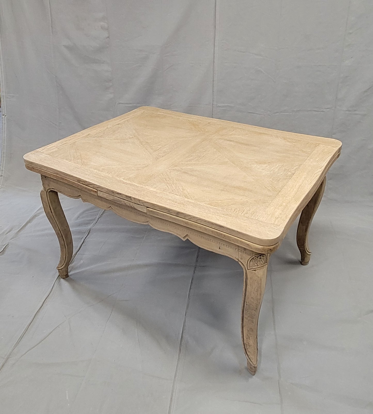 Antique 1920s French Bleached Oak Parquet Top Draw Leaf Table