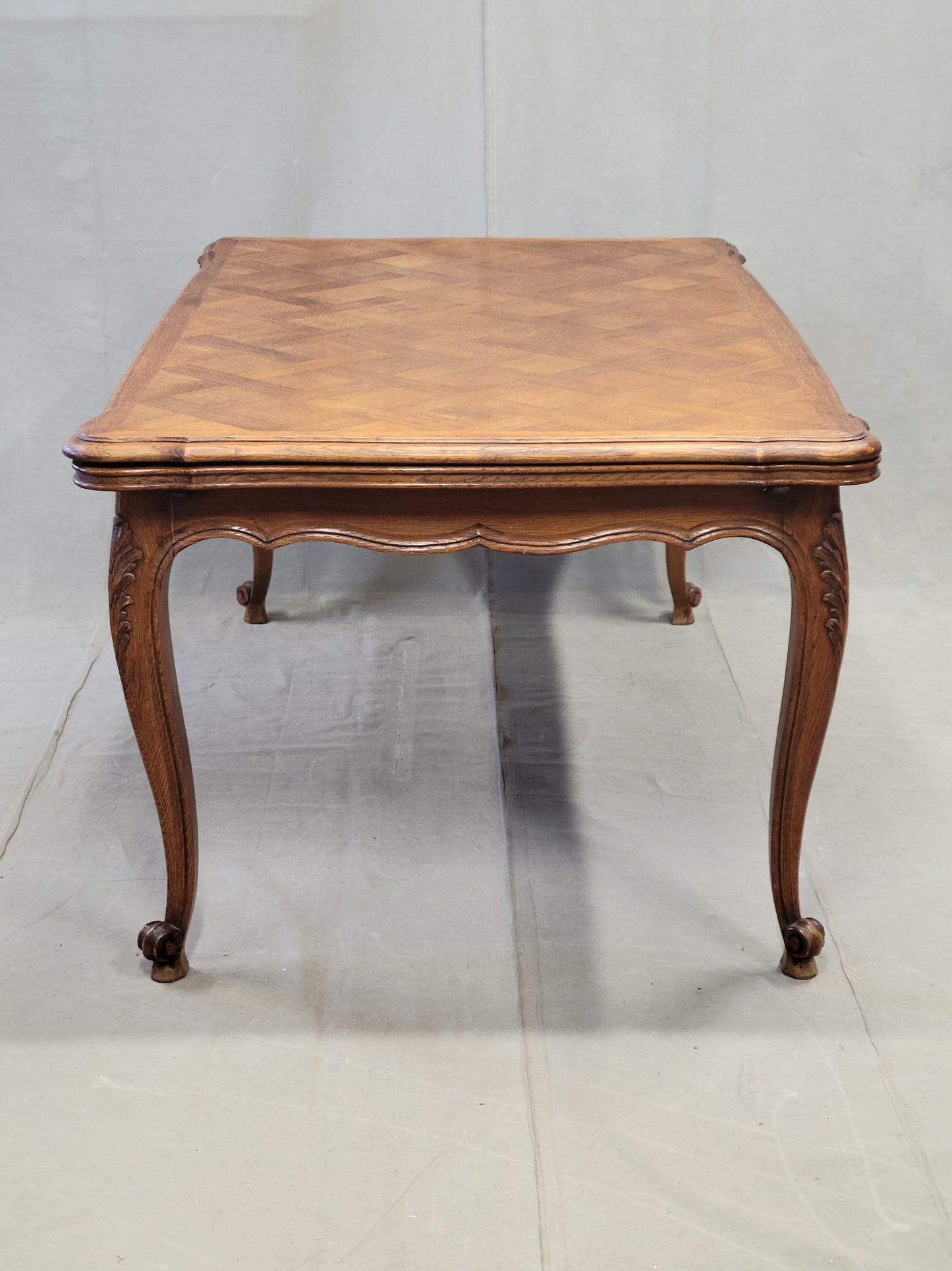 Vintage French Oak Parquet Top Draw Leaf Table