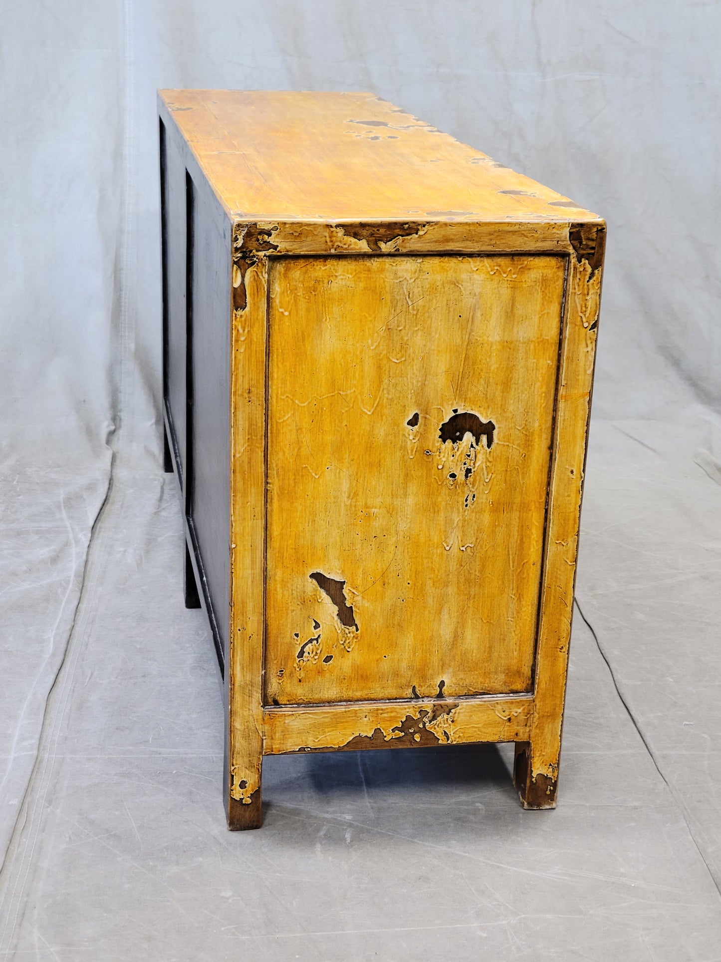 Vintage Chinese Distressed Lacquer Storage Cabinet Console With Floral Motif