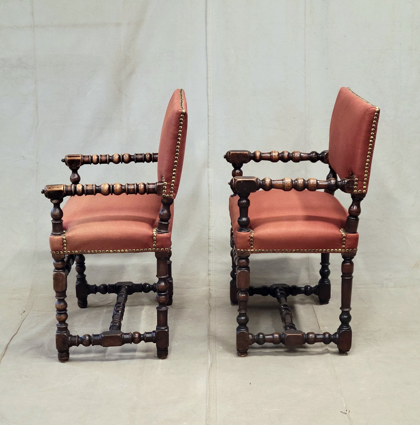 Antique European Renaissance Revival Chairs with Terracotta Linen Upholstery - a pair