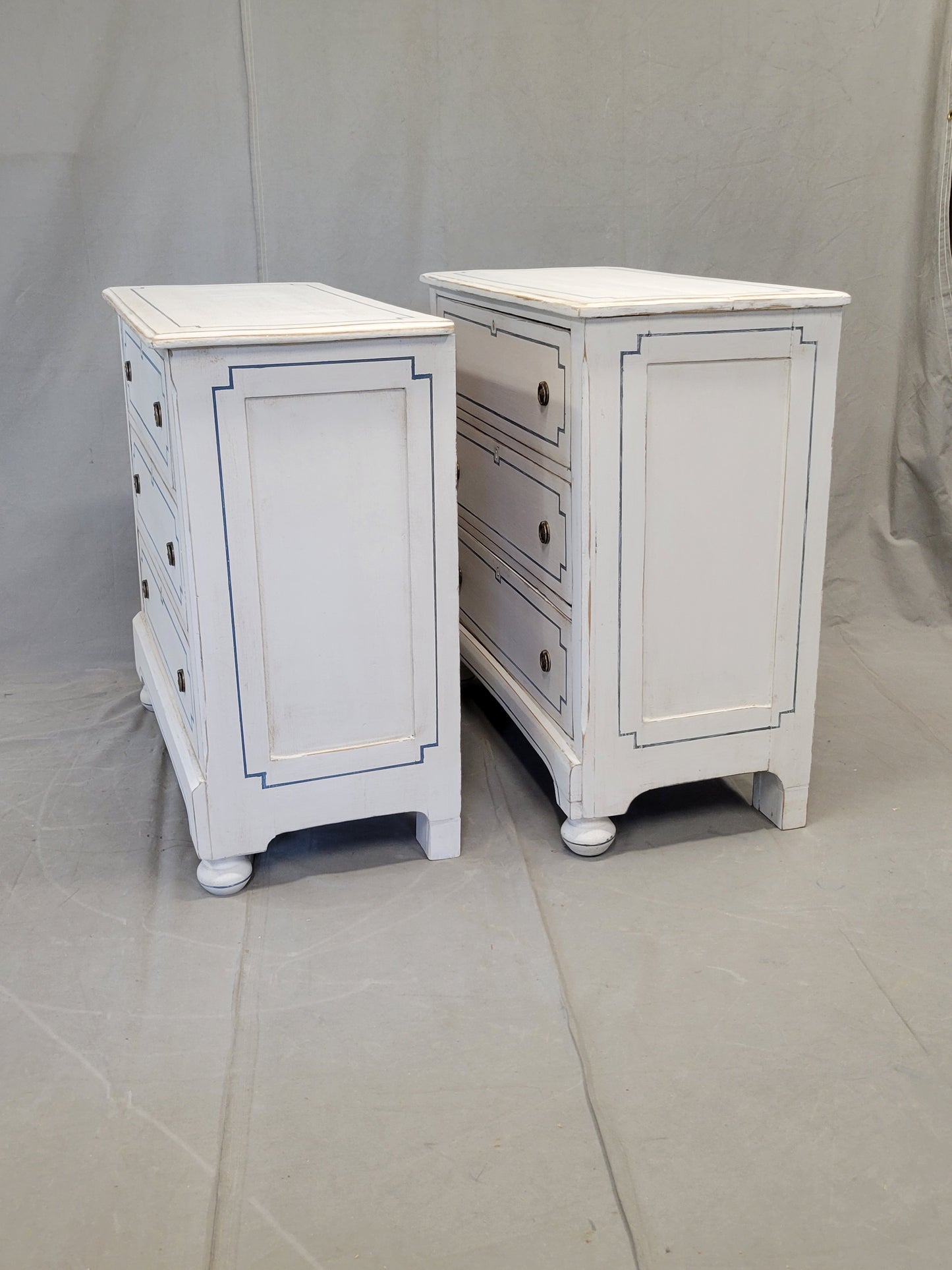 Pair of Antique 19th Century Pine Painted White Dressers With Blue French Line Motif
