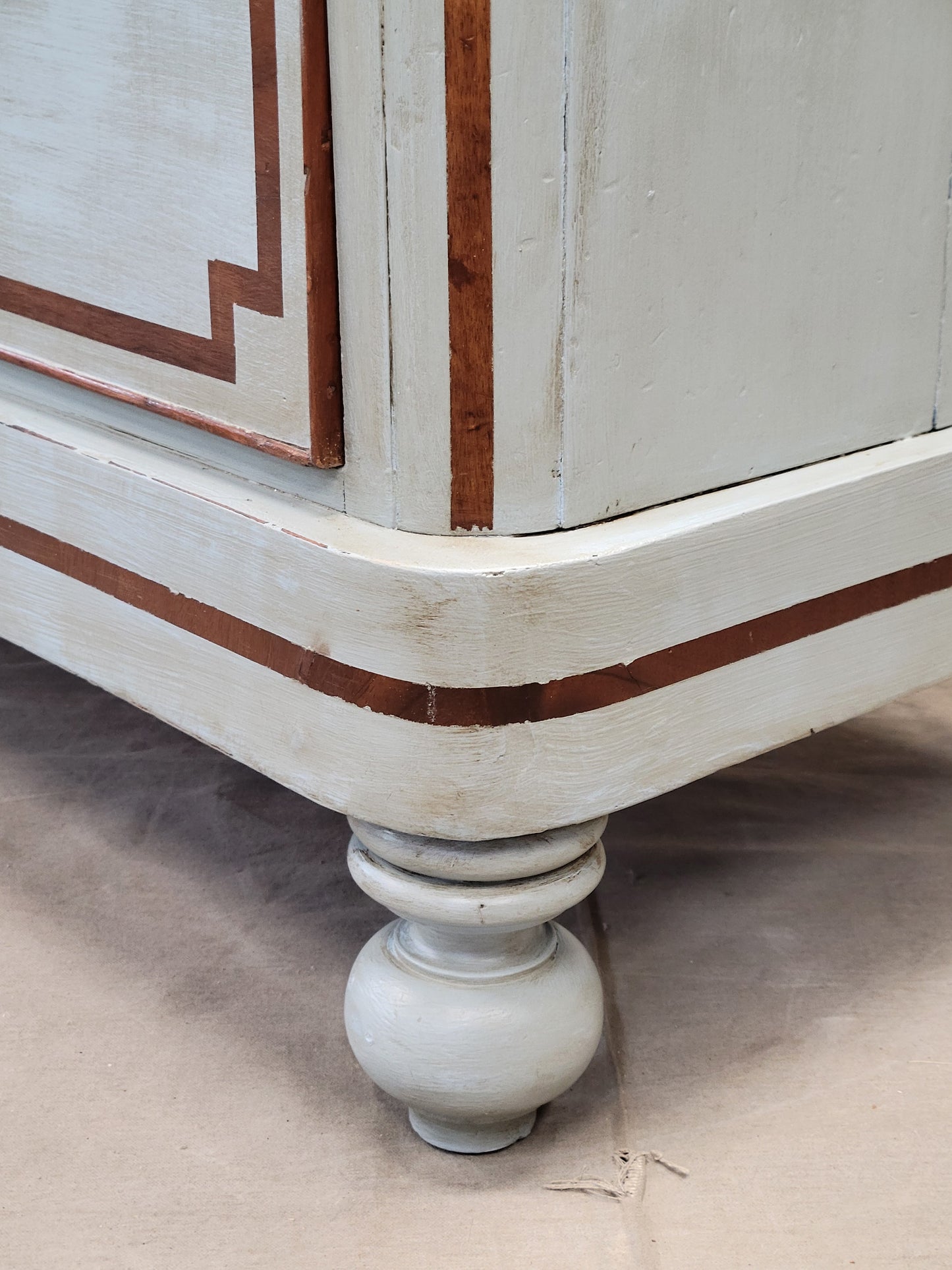 Antique English Blue Painted Dresser With Mahogany Pulls Inset With Mother-of-Pearl