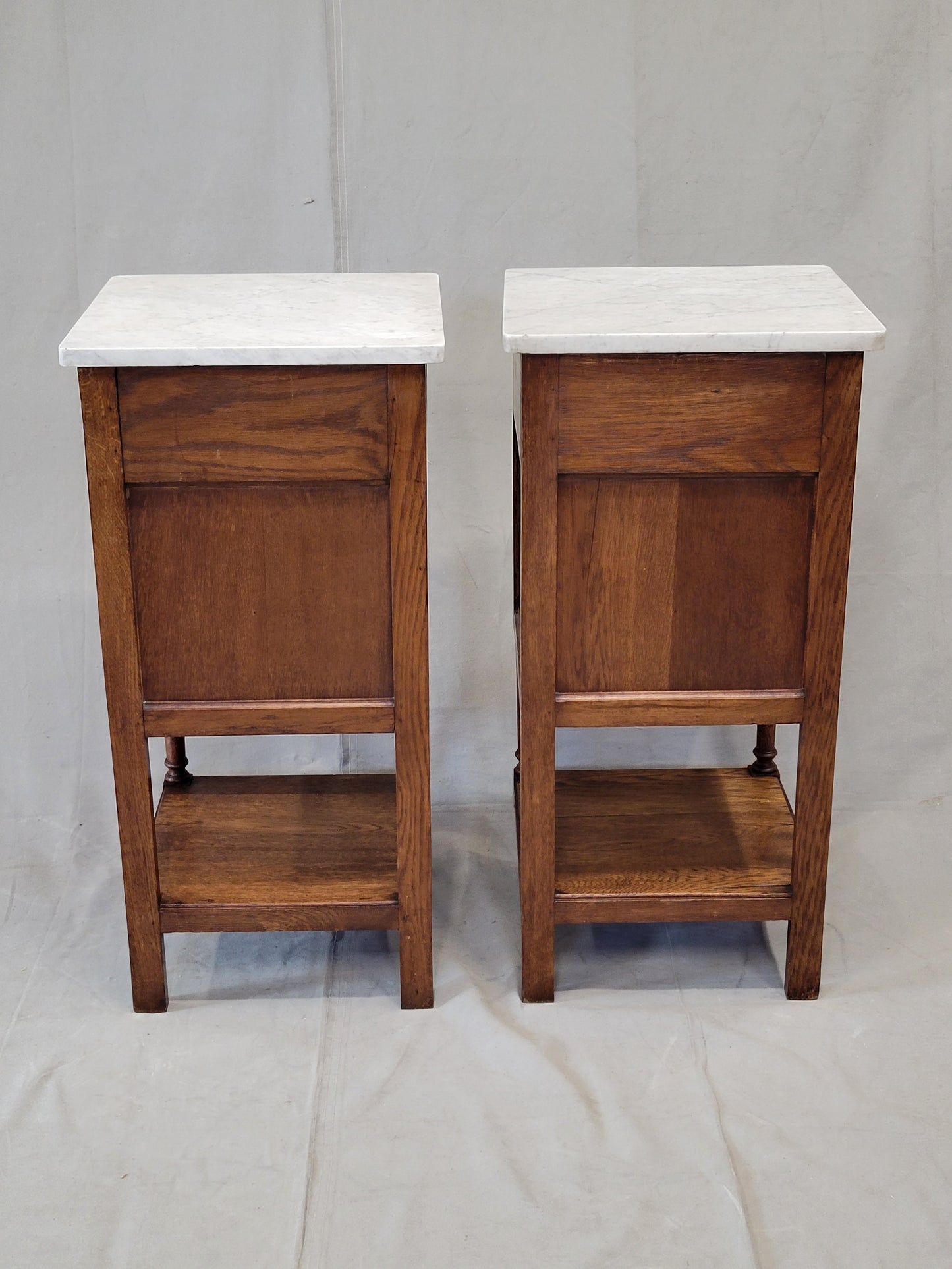 Antique Circa 1900 French Oak Pot Cupboards Nightstands With Carrera Marble Tops- a Pair