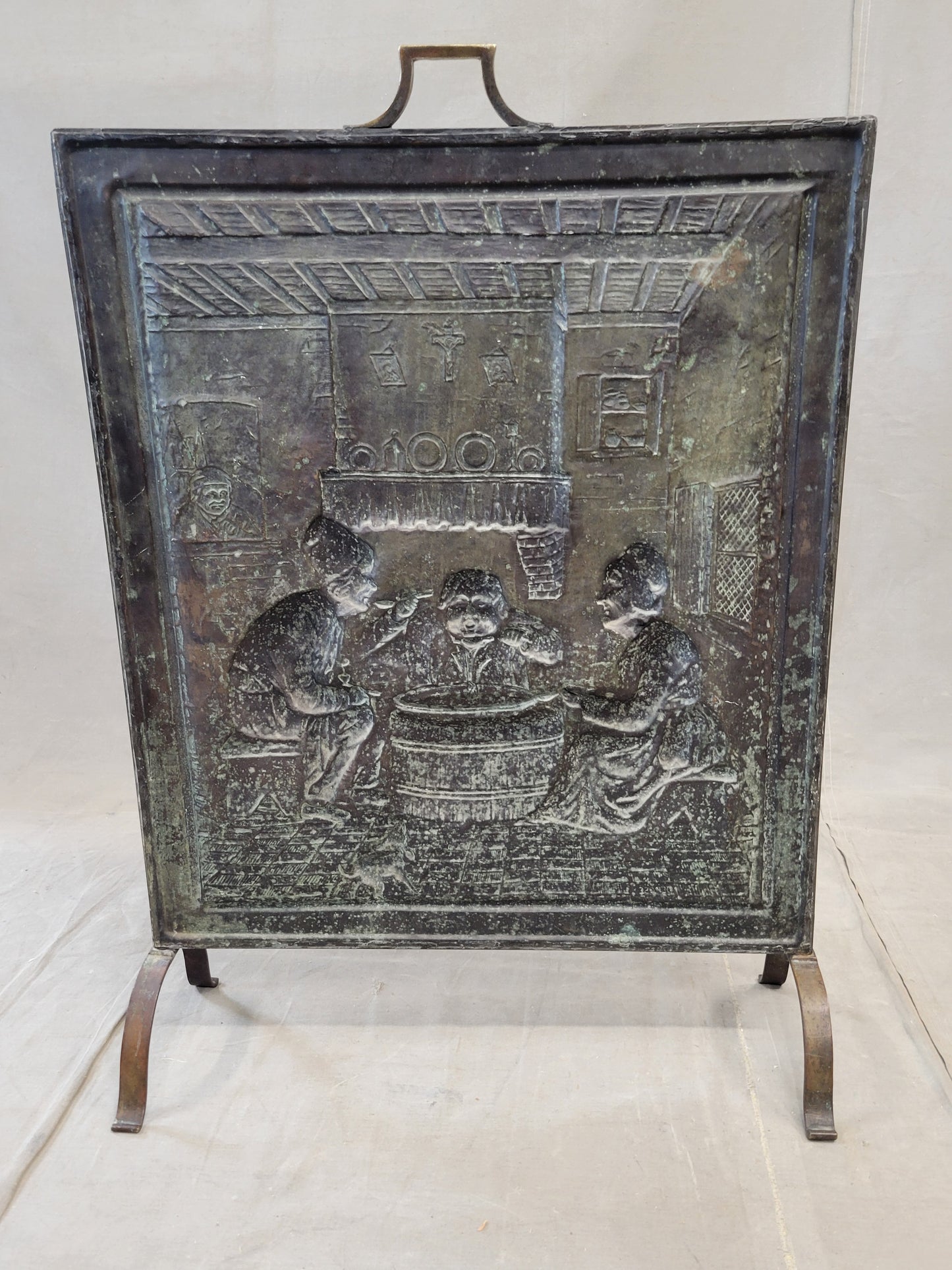 Antique French or Belgian Stamped Brass Fireplace Screen of Interior Scene