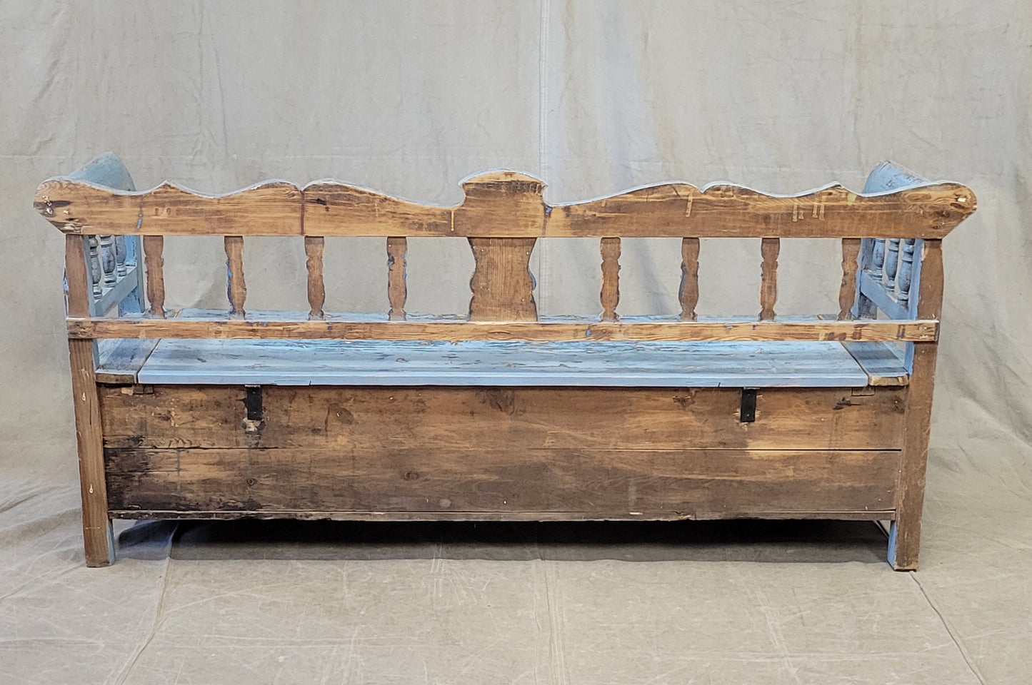 Antique Pine Hungarian Storage Bench With Old Blue Paint